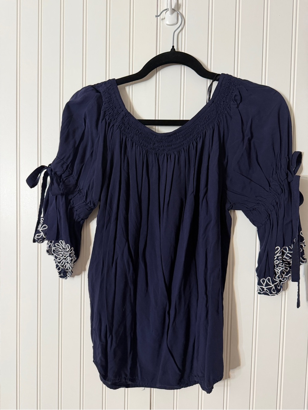 Women’s Navy Smocked Off-Shoulder Tunic with Embroidered Cuffs